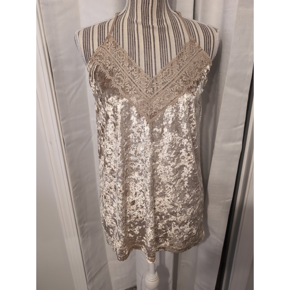 Easel Crushed Velvet Lace Trim Champagne Tank Y2K Coquette Fairy Angel Sz. M